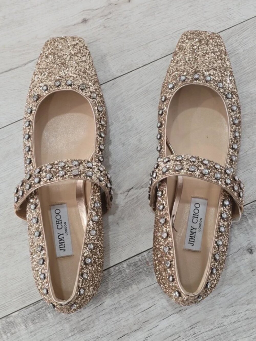 Jimmy Choo Gold Glitter Rhinestone Strap Square Toe Flats EU 43 US 13 Italy
